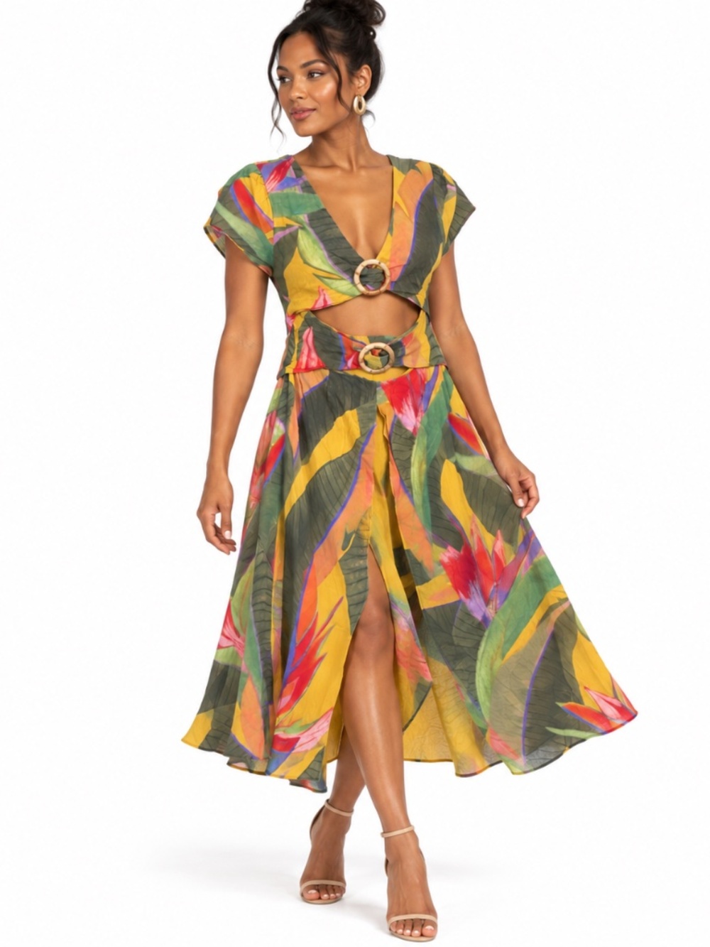 FARM RIO Tropical Print Cutout Midi Dress Yellow Multicolor Size M
